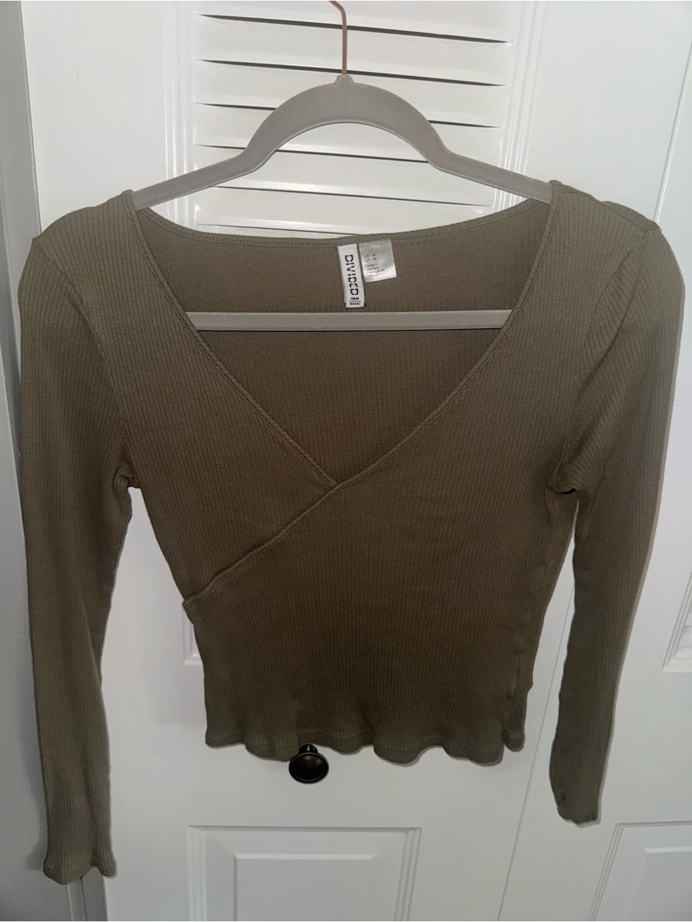 H&M Olive Green Ribbed Wrap-Front Long Sleeve Top